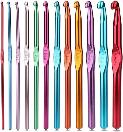 MARI - 12 Pcs Multi - Color Aluminum Crochet Hooks Set - 2mm to 8mm Ergonomic Knitting Needles Kit for Beginners & Professionals - Smooth Metallic Finish Crochet Hooks for Yarn Crafting - Mariyarns