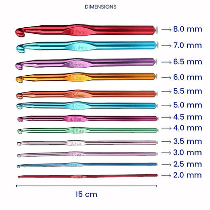 MARI - 12 Pcs Multi - Color Aluminum Crochet Hooks Set - 2mm to 8mm Ergonomic Knitting Needles Kit for Beginners & Professionals - Smooth Metallic Finish Crochet Hooks for Yarn Crafting - Mariyarns
