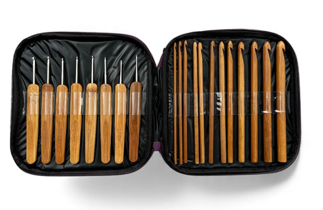 MARI - Crochet Hooks Set 20 Pcs with Storage Pouch | 12 Bamboo Hooks + 8 Steel Needle Hooks | Size Range 1.0–10mm | Lightweight & Durable Knitting Tools for Beginners, Experts, DIY & Craft Lovers. - Mariyarns