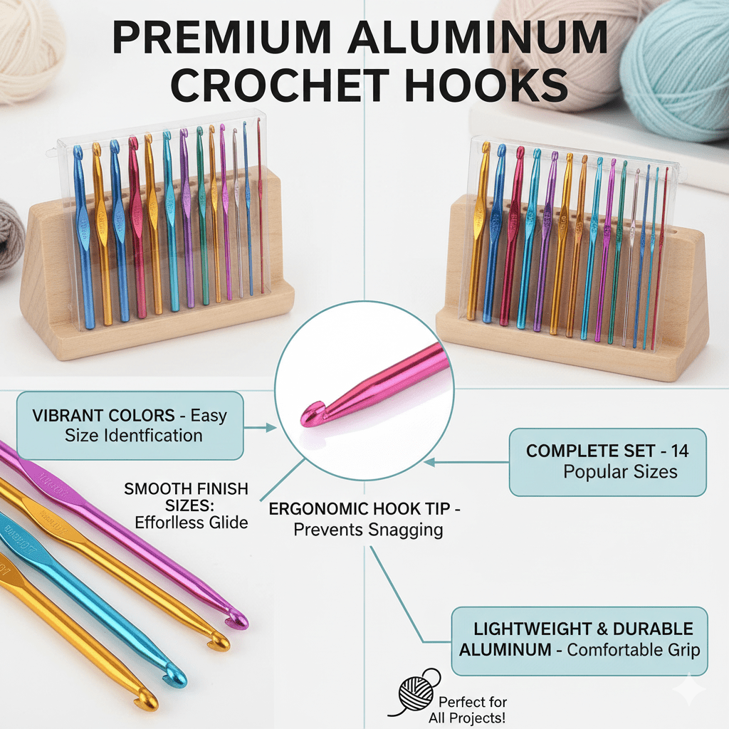 MARI - Premium 14 - Piece Aluminium Crochet Hook Set – 2.0mm to 10.0mm | Color - Coded Ergonomic Knitting & Crochet Needles for Yarn, Wool & Thread | Lightweight, Smooth & Anti - Slip Grip | Craft & DIY Tools for Beginners & Expert - Mariyarns