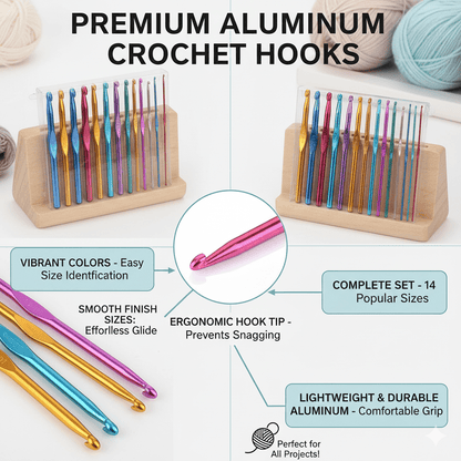MARI - Premium 14 - Piece Aluminium Crochet Hook Set – 2.0mm to 10.0mm | Color - Coded Ergonomic Knitting & Crochet Needles for Yarn, Wool & Thread | Lightweight, Smooth & Anti - Slip Grip | Craft & DIY Tools for Beginners & Expert - Mariyarns